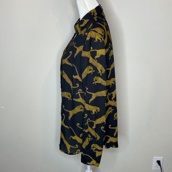 Worthingotn Black/Amber Leopard Print V-Neck Button Up Long Sleeve Blouse Size L - Picture 5 of 13